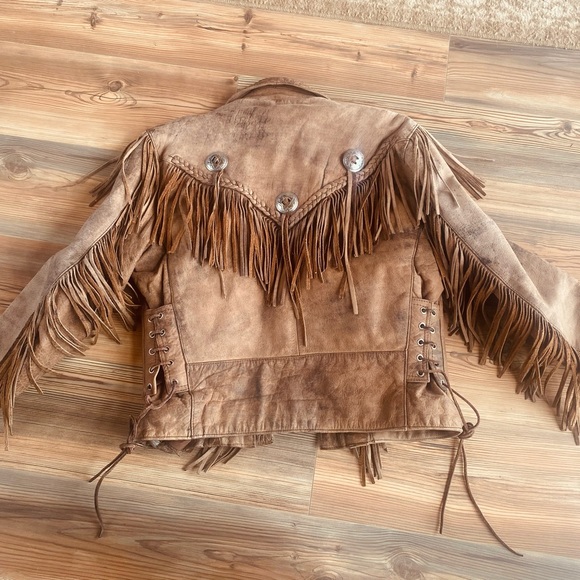 Vintage brown leather fringe biker jacket - Picture 3 of 7